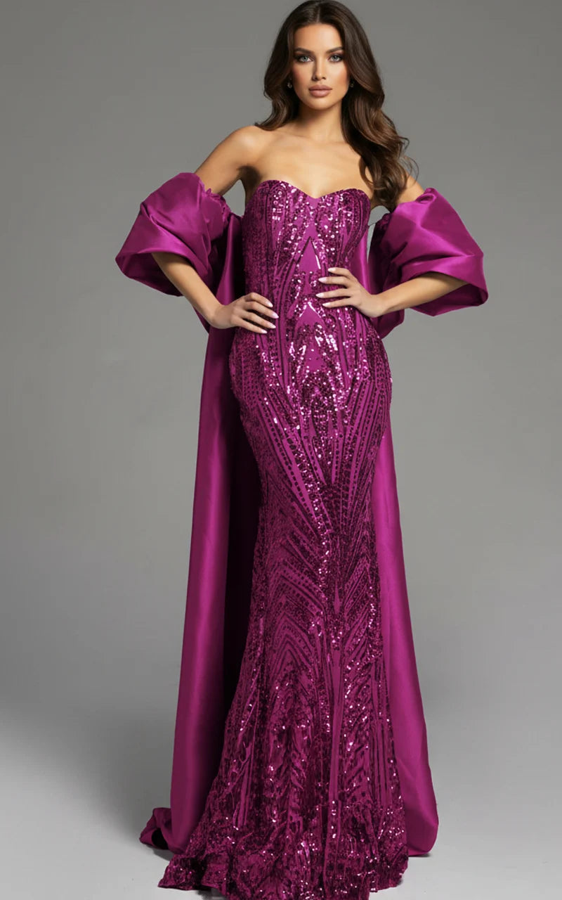 Jovani 38746 Long Prom Dress Beaded Embellished Strapless  Off Shoulder Satin Cape Formal Pageant Gown