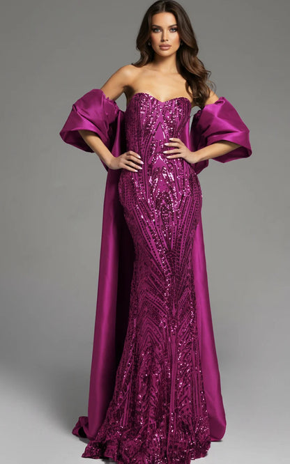 Jovani 38746 Long Prom Dress Beaded Embellished Strapless  Off Shoulder Satin Cape Formal Pageant Gown
