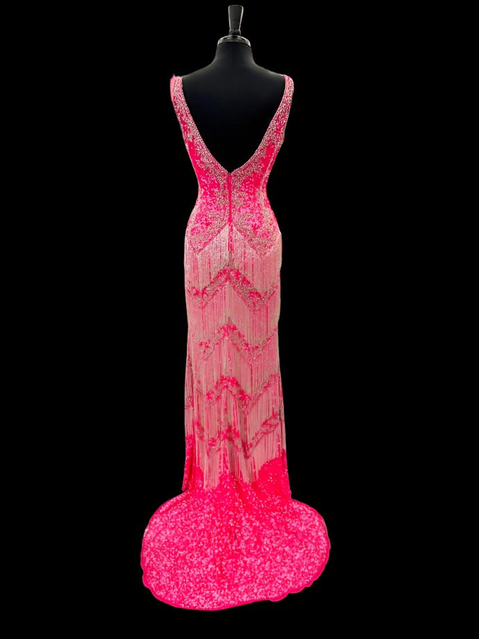 Jovani 38847 Size 10 Hot Pink Sequin Beaded Fringe Prom Dress Pageant Dress Slit V Neck Formal Gown Jovani 38847 Size 10 Hot Pink Sequin Beaded Fringe Prom Dress Pageant Dress Slit V Neck Formal Gown