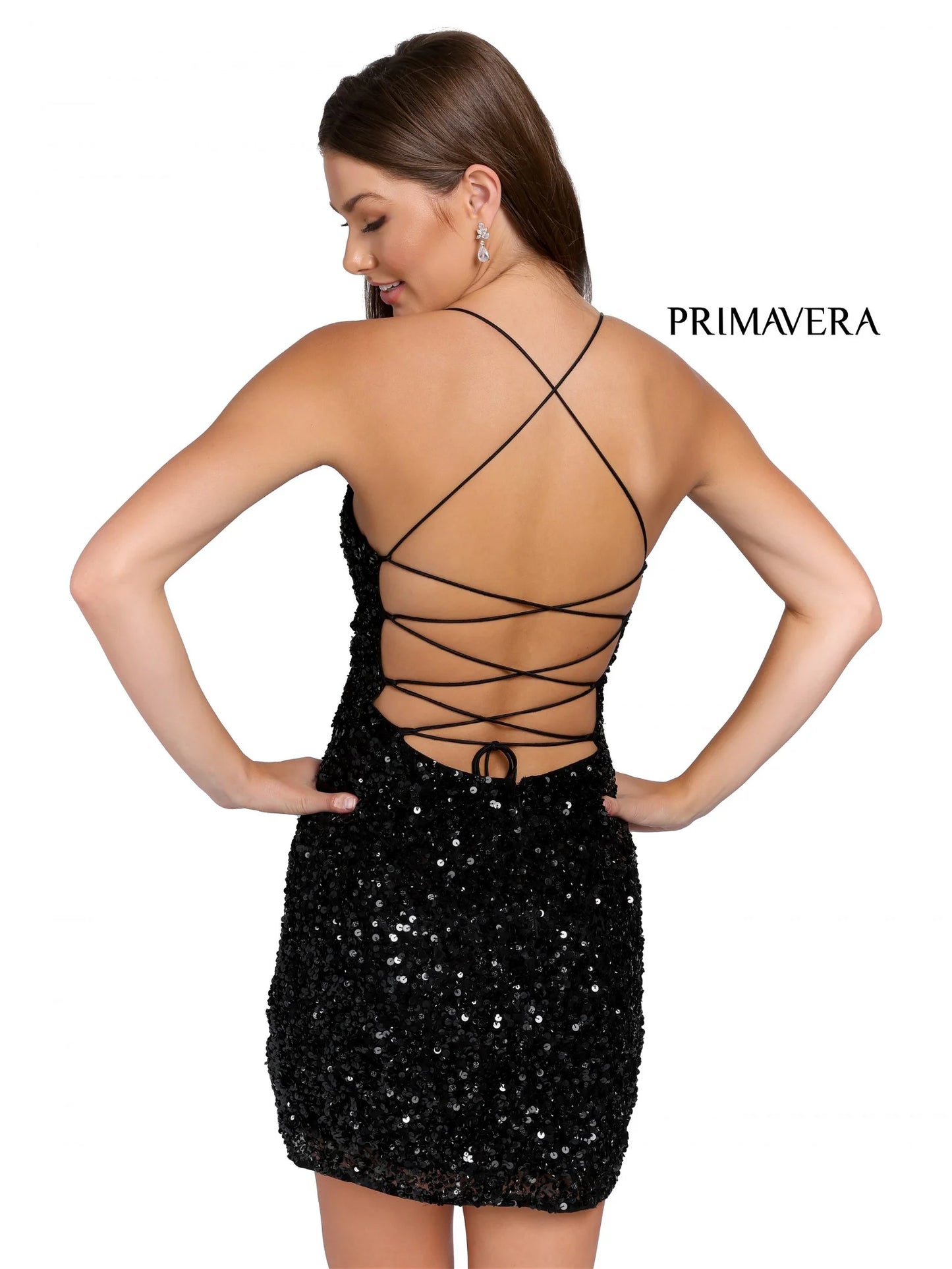 Primavera Couture 3891 Size 10 Black Short Fitted Sequin Formal Slit Cocktail Prom Dress Backless Corset