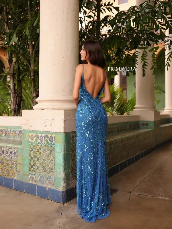Primavera Couture 3913 Prom Dress Long Beaded Dress Fitted High Slit Formal Gown