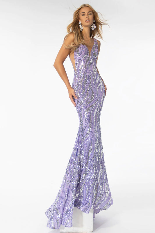 The Ava Presley 39201 gown is a stunning choice for any formal occasion. Featuring a long wave stripe motif covered in sparkling sequins, this dress is sure to make a statement. The tank bodice and sheer sides add a touch of allure, while the trumpet skirt and open back enhance your figure. A must-have for any fashion-forward individual.