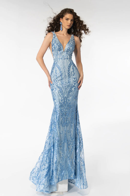 This elegant Ava Presley 39204 long prom dress is a perfect choice for any formal occasion. The fitted mermaid silhouette and plunging v neckline create a sophisticated and flattering look. Made with high-quality materials, it offers both comfort and style. You'll feel confident and stunning in this formal pageant gown.