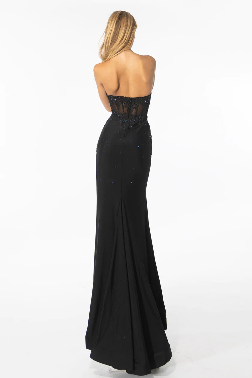 Featuring a beautiful lace corset and a stretch jersey skirt, the Ava Presley 39215 Long Prom Dress is the perfect choice for any formal occasion. The strapless design adds a touch of elegance, while the corset provides a flattering fit. Make a statement at your next pageant or prom with this stunning gown.