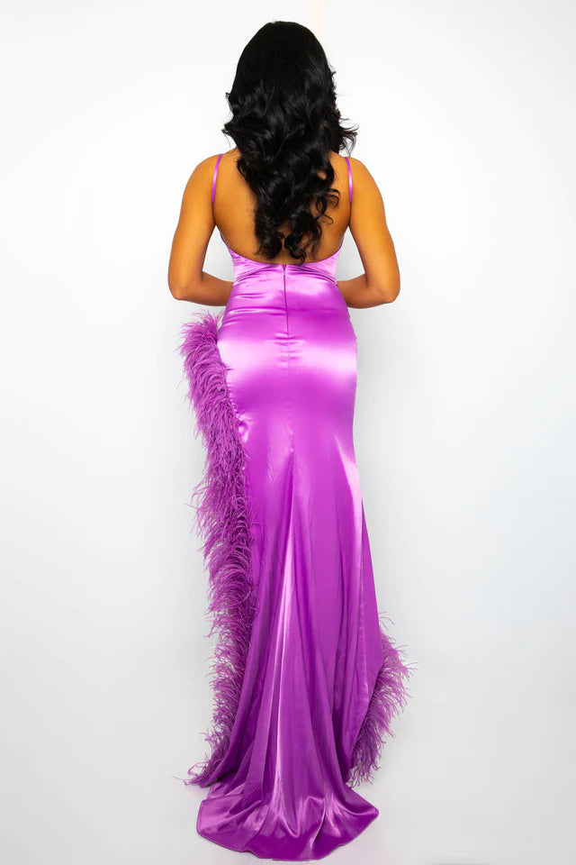 Expertly crafted, the Ava Presley 39224 Long Prom Dress showcases a fitted silhouette and delicate spaghetti straps. The intricate feather detailing adds a touch of elegance to this formal pageant gown. Stand out from the crowd with this sophisticated and timeless design.