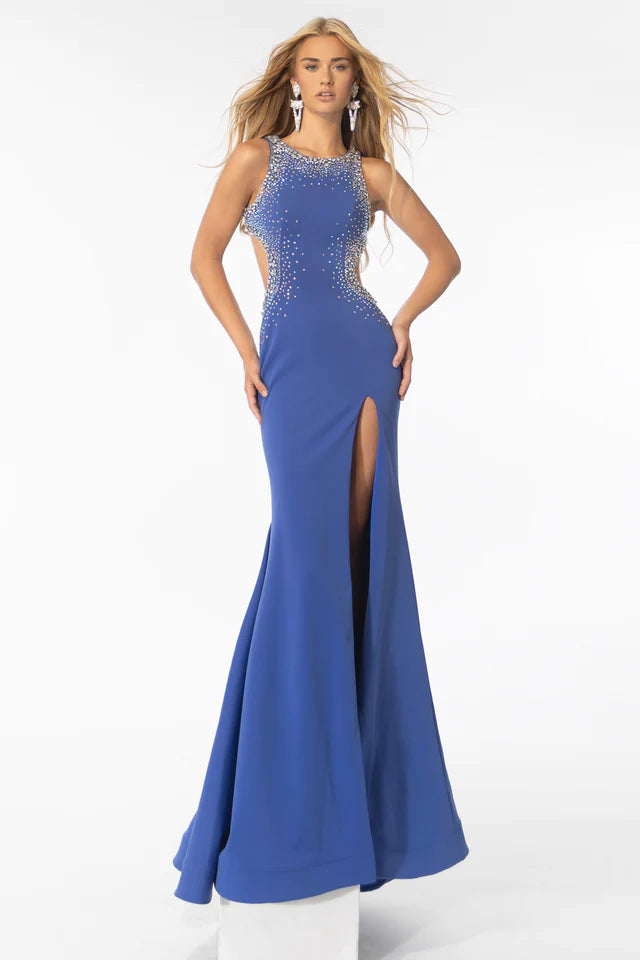 Elevate your prom look with the Ava Presley 39237 Long Prom Dress. The open back, cut out design, and high slit adds a touch of drama while the beaded detailing gives it a glamorous touch. Perfect for formal events and pageants.
