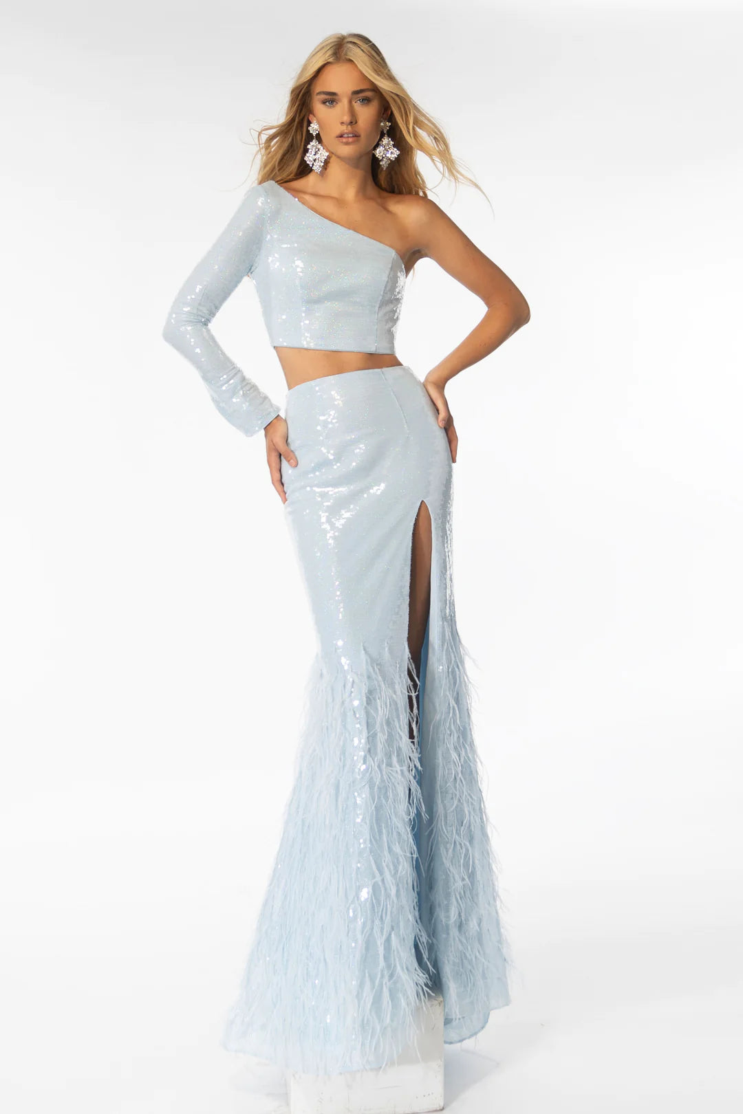 Elevate your formal look with the Ava Presley 39243 Long Prom 2pcs Sequin Dress. Featuring a one-sleeve design and a feather detail skirt, this dress exudes elegance and sophistication. The sequin embellishments add a touch of glamour, making it perfect for proms, pageants, and other formal events. Stand out in style with this stunning dress.