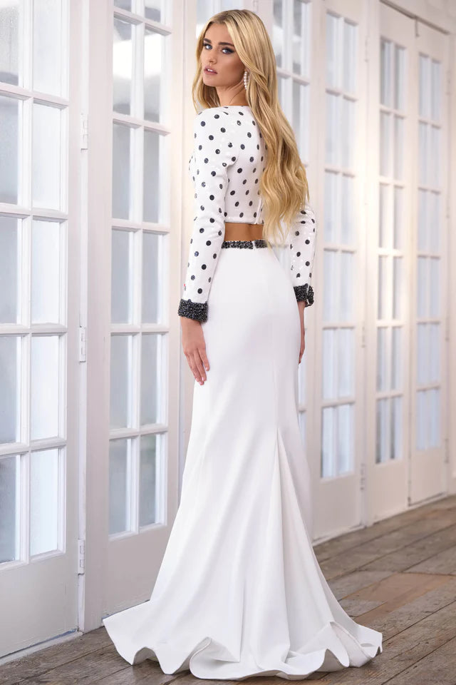 Achieve the ultimate glamour in this two-piece Sequin Beaded High Slit Skirt Formal by Ava Presley 39252. Long sleeves and a high slit add a touch of sophistication to this stunning piece. Perfect for prom or any formal occasion. 
