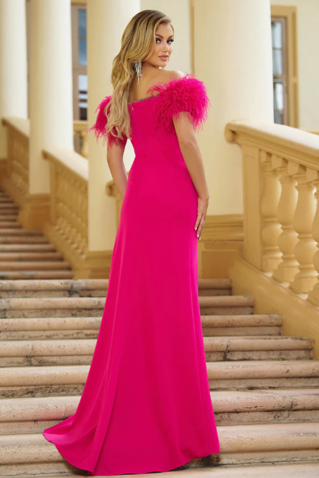 Elevate your formal look with the Ava Presley 39268 Long Prom Dress. The fitted straight neckline and off shoulder design create a flattering silhouette, while the feather detailing adds a touch of elegance. The maxi slit adds a modern twist to this classic pageant gown.