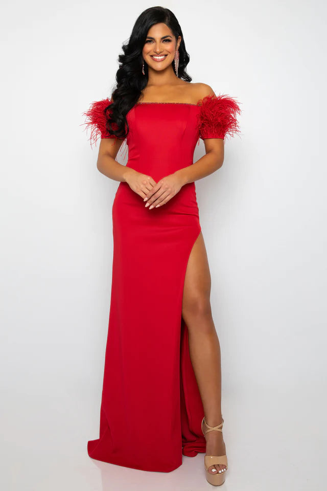 Elevate your formal look with the Ava Presley 39268 Long Prom Dress. The fitted straight neckline and off shoulder design create a flattering silhouette, while the feather detailing adds a touch of elegance. The maxi slit adds a modern twist to this classic pageant gown.