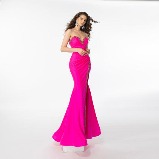 The Ava Presley 39290 Strapless Crystal Sweetheart Maxi Slit Prom Dress is a stunning formal dress crafted from luxurious satin and crystal detailing, with a maxi silhouette and sweetheart bodice featuring a daring side slit. This elegant dress is perfect for a special occasion or pageant.  Sizes: 00-16  Colors: Black, Fuchsia, Royal