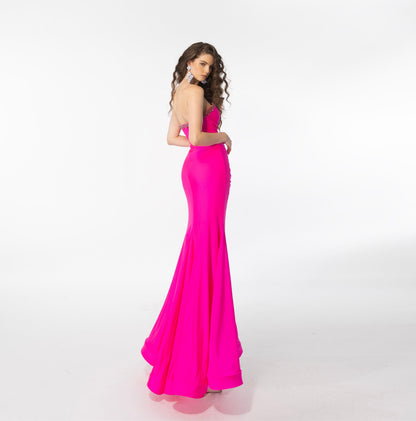 The Ava Presley 39290 Strapless Crystal Sweetheart Maxi Slit Prom Dress is a stunning formal dress crafted from luxurious satin and crystal detailing, with a maxi silhouette and sweetheart bodice featuring a daring side slit. This elegant dress is perfect for a special occasion or pageant.  Sizes: 00-16  Colors: Black, Fuchsia, Royalv