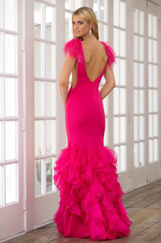 Transform into a red carpet sensation with the Ava Presley 39312 Fitted Long Prom Dress. Designed with a plunging V neckline, ruffles, and feathers, this formal pageant gown exudes glamour and sophistication. Stand out from the crowd and make a bold statement at your next event.