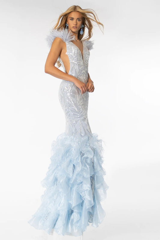 This stunning Ava Presley dress features a bold geometric sequin design, making it perfect for formal events and pageants. The long mermaid skirt made of organza adds an elegant touch, while the overall design exudes sophistication and glamour. Elevate your style and make a statement with this gorgeous gown.