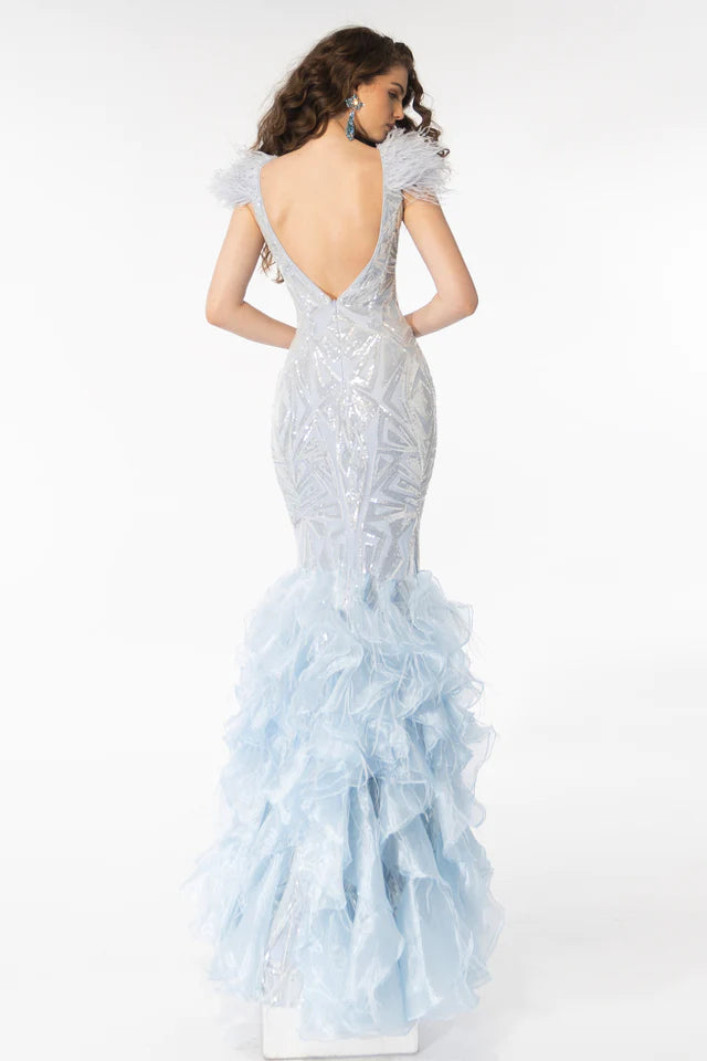 This stunning Ava Presley dress features a bold geometric sequin design, making it perfect for formal events and pageants. The long mermaid skirt made of organza adds an elegant touch, while the overall design exudes sophistication and glamour. Elevate your style and make a statement with this gorgeous gown.