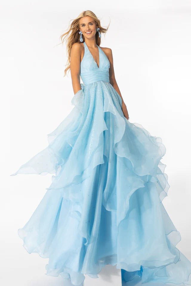 Elevate your look in the Ava Presley 39560 Long Prom Dress. This stunning halter gown features a layered organza skirt, perfect for formal events and pageants. With its luxurious design and flattering silhouette, you are sure to make a statement.