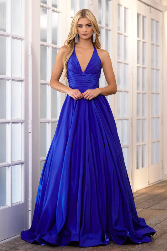Stay elegant and sophisticated all night long with the Ava Presley 39562 Long Prom Dress. Featuring a flattering A-line silhouette, beautifully pleated bodice, and a stunning open back, this dress is perfect for any formal occasion or pageant event. Feel confident and glamorous in this timeless and stylish gown.