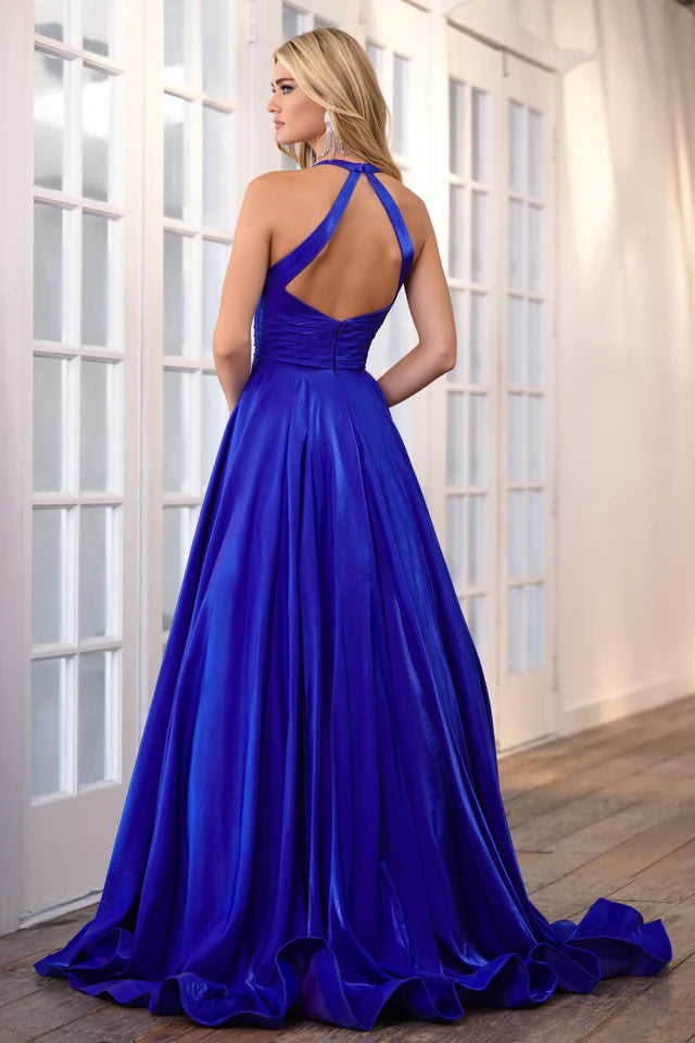 Stay elegant and sophisticated all night long with the Ava Presley 39562 Long Prom Dress. Featuring a flattering A-line silhouette, beautifully pleated bodice, and a stunning open back, this dress is perfect for any formal occasion or pageant event. Feel confident and glamorous in this timeless and stylish gown.