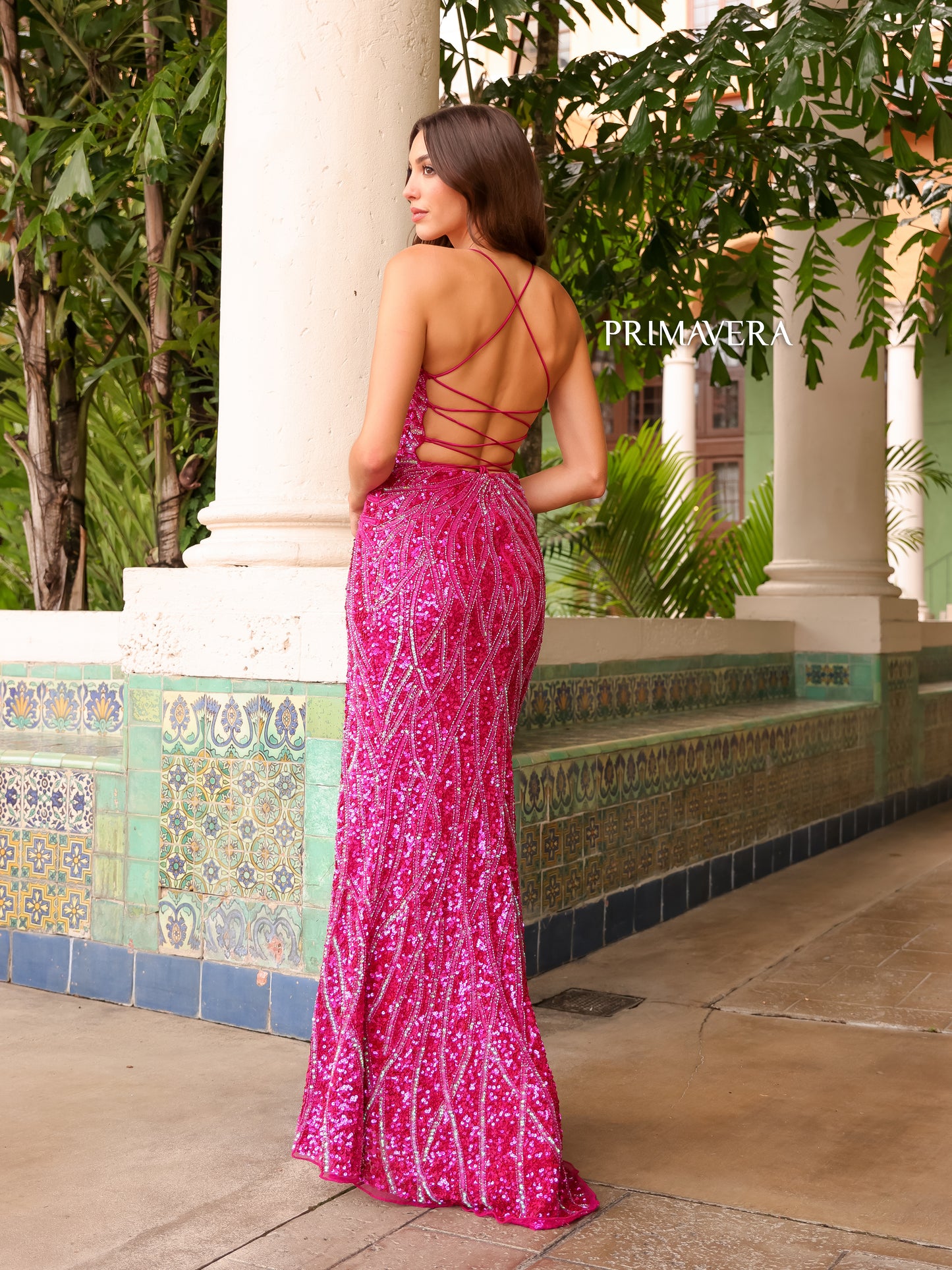 Primavera Couture 3959 Prom Dress Long Beaded Gown. This Gown has a beautiful design all over. Primavera Couture 3959 Sequin Scoop neck Prom Dress Backless Corset Slit Formal Gown  Size- 14  Colors- Fuchsia