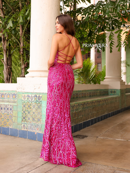 Primavera Couture 3959 Prom Dress Long Beaded Gown. This Gown has a beautiful design all over. Primavera Couture 3959 Sequin Scoop neck Prom Dress Backless Corset Slit Formal Gown Size- 14 Colors- Fuchsia
