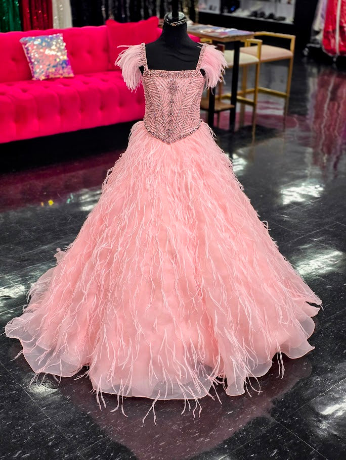 Ava Presley 39889 Girls Crystal Bodice Feather Ballgown Pageant Dress Cap Sleeve Formal