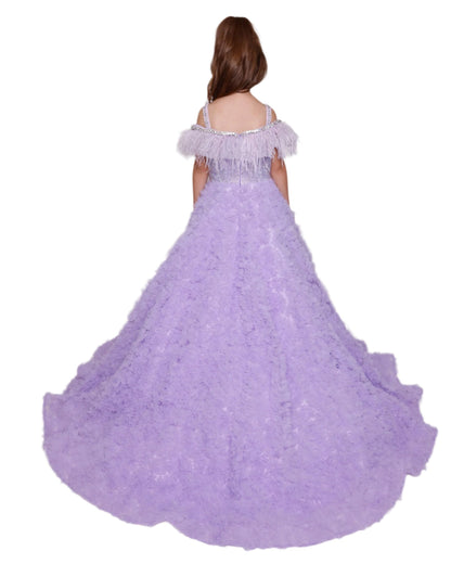 This Ava Presley 39894 Girls Pageant Dress features shimmering feather details and a crystal embellished off-the-shoulder neckline for a glamorous and elegant look. The ballgown silhouette is perfect for any formal occasion, making this dress a must-have for any young fashionista. Feel like a princess and stand out in this stunning dress. The Ava Presley 39894 