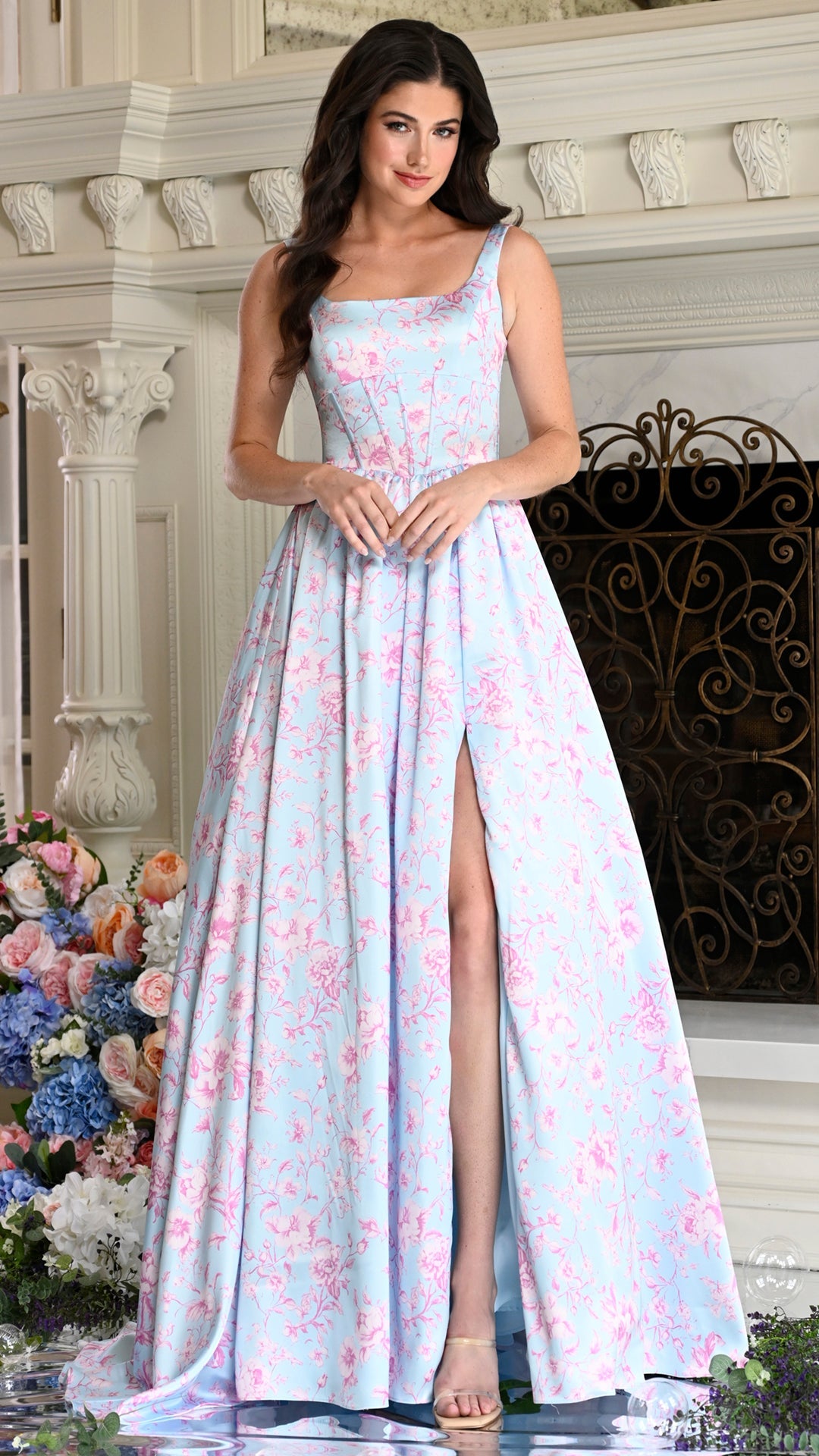 Colors Dress 3996 floral satin ballgown prom dress in BLUE PINK — 2027