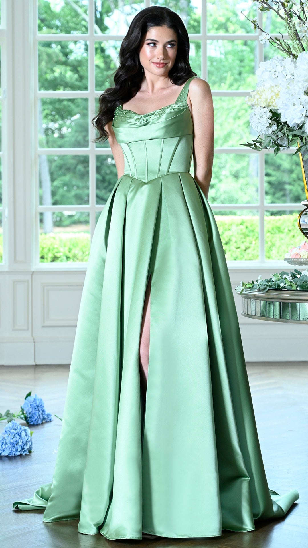Colors Dress 4001 satin a-line prom dress in SAGE — 2027