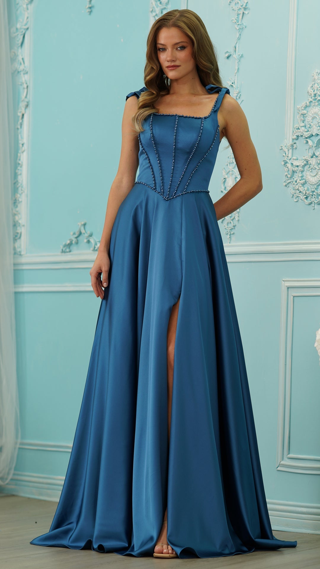 Colors Dress 4006 satin a-line prom dress in Teal — 2027