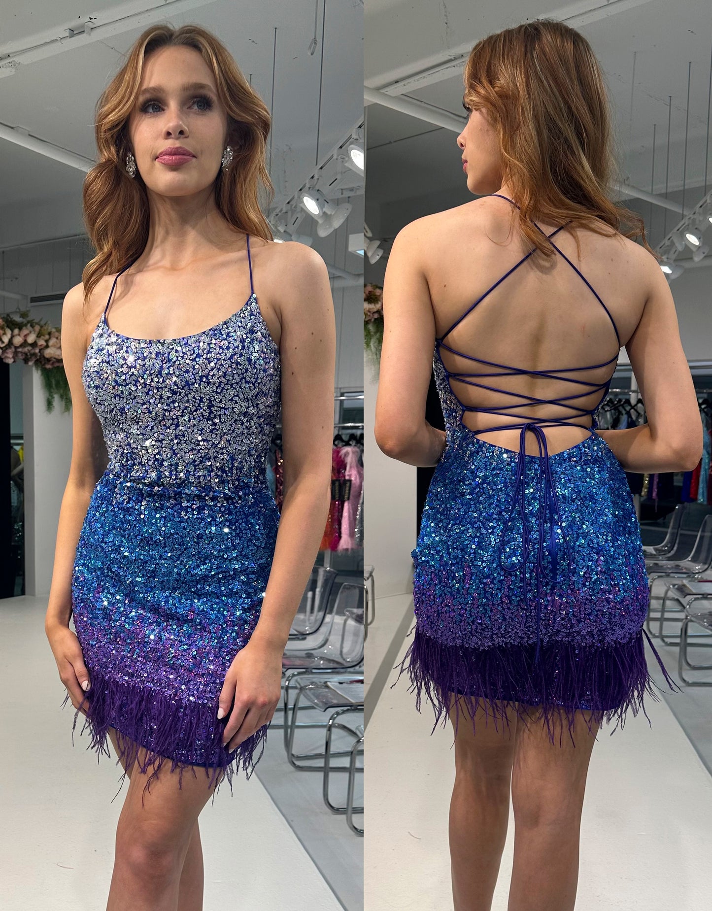 Primavera Couture 4023 Ombre Spaghetti Strap Scoop Neck Sequin Feather Detail Open Tie Back Short Homecoming Cocktail Dress. Look stunning in Primavera Couture's 4023 dress. Featuring ombre sequin detailing, a scoop neck, and feather trim, this short homecoming/cocktail dress is designed to impress. A tie-back, spaghetti straps, and a universally flattering silhouette enhance the modern look. Capture compliments when you opt for this timeless classic.