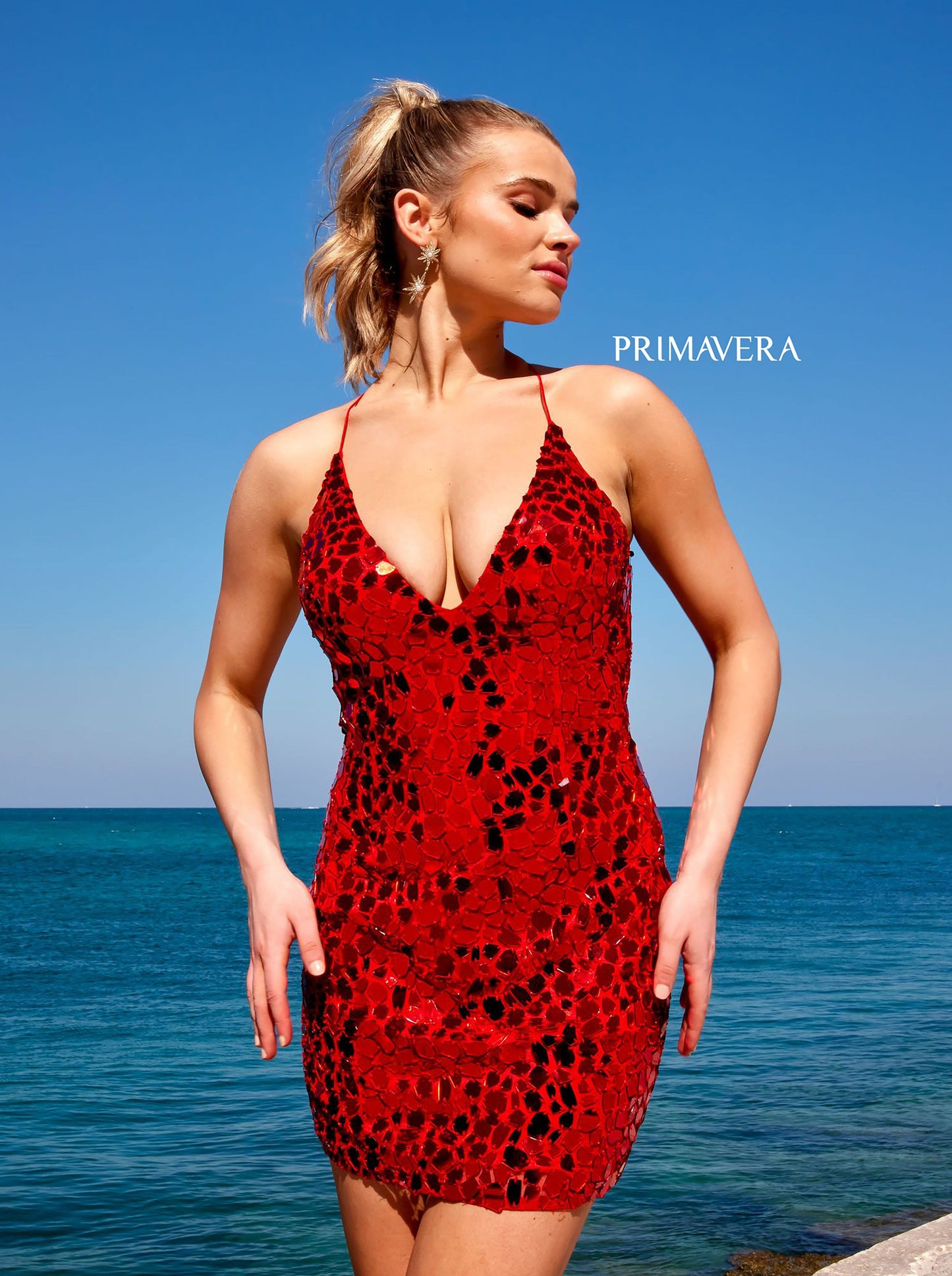 Primavera Couture 4056 Cut Glass Cocktail Dress Open Tie Back V-Neck Mirror Homecoming Dress