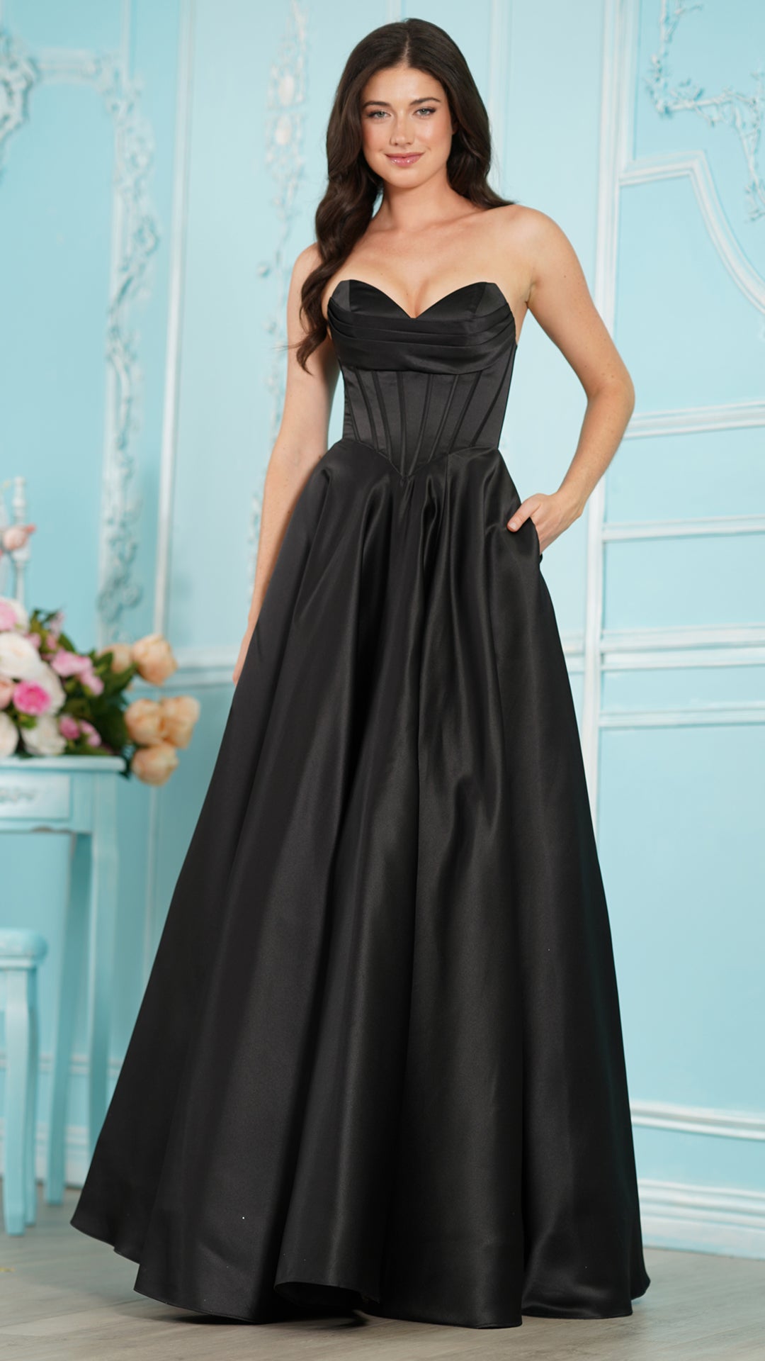 Colors Dress 4063 strapless satin ballgown prom dress in BLACK — 2027