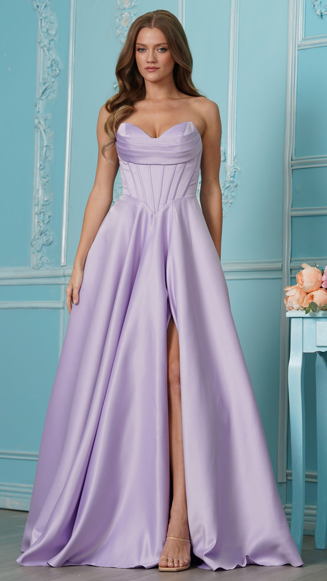 Colors Dress 4063 strapless satin ballgown prom dress in Lavender — 2027