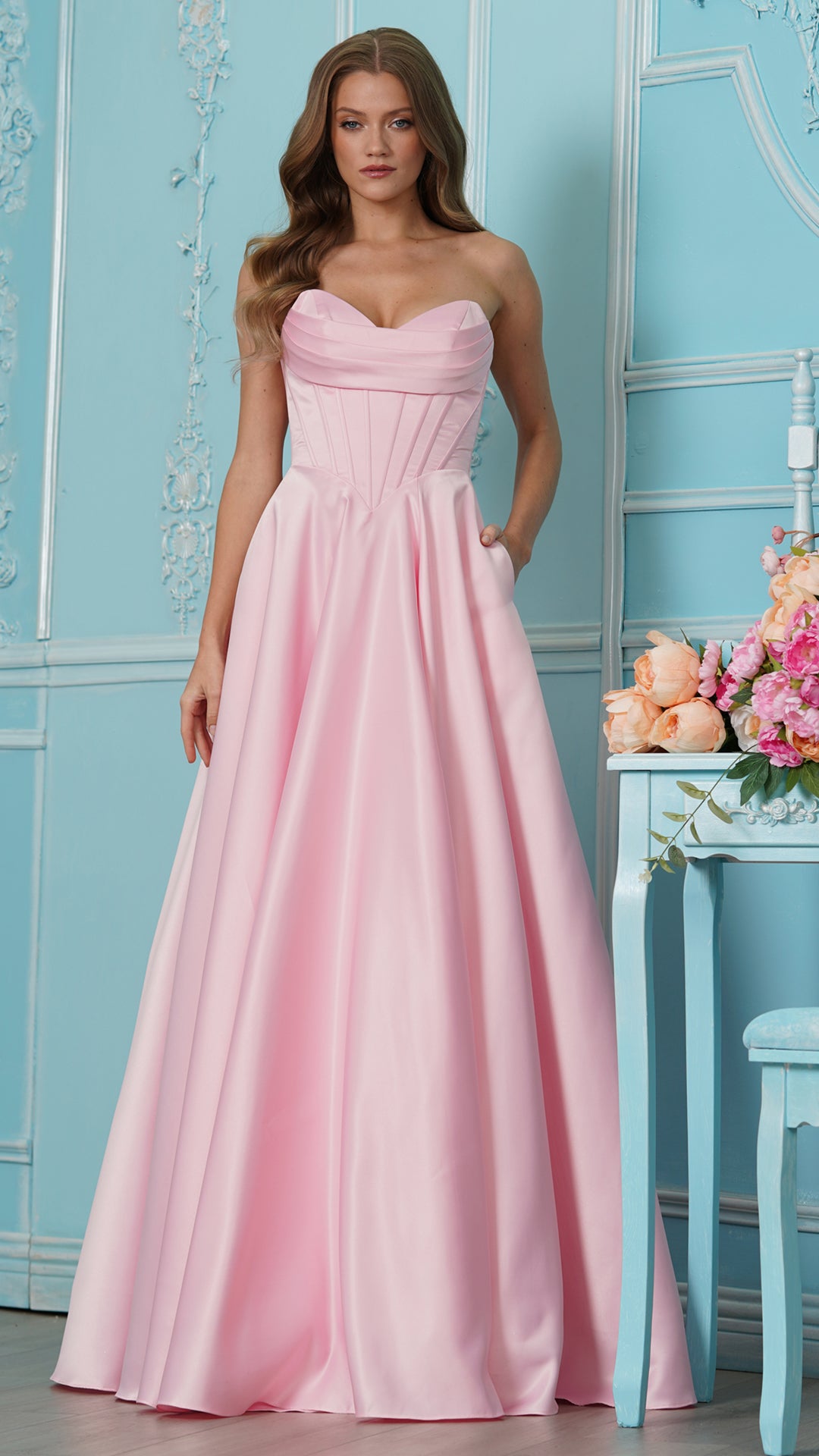Colors Dress 4063 strapless satin ballgown prom dress in Pink — 2027