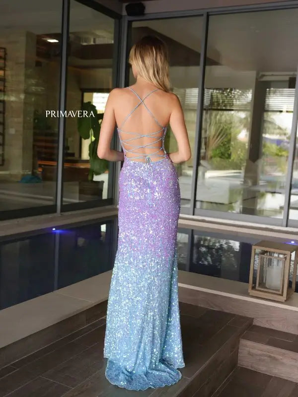 Primavera Couture 4102 Size 4 Crystal Blue Long Prom Dress Ombre Sequin Corset Fitted Scoop Neck High Slit Formal Pageant Gown
