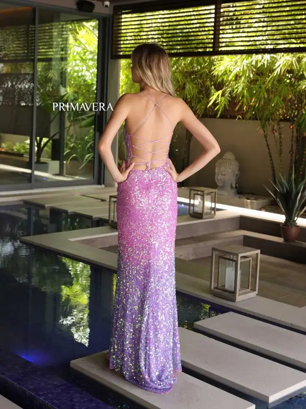 Elevate your prom look with the Primavera Couture 4102 Long Prom Dress. The ombre sequin corset adds a touch of glamour, while the fitted scoop neck and high slit offer a flattering silhouette. Perfect for formal events and pageants. Stand out with style and comfort.