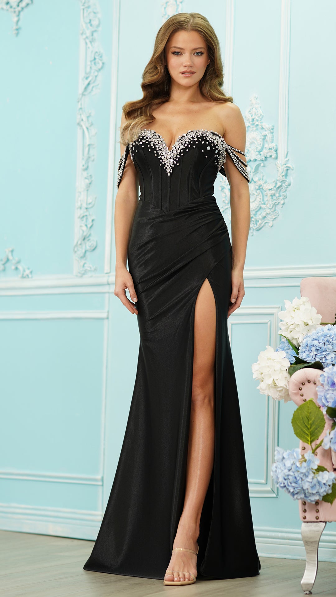 Colors Dress 4104 metallic corset prom dress in BLACK — 2027