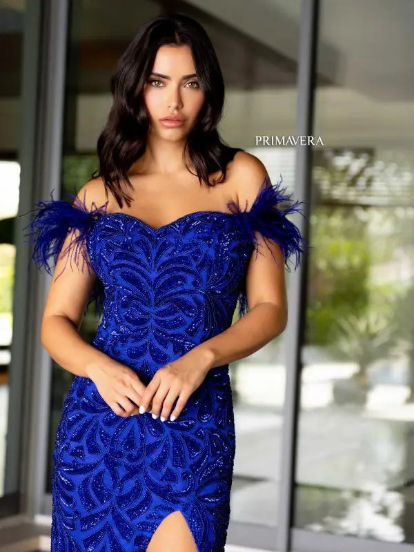 Primavera Couture 4105 Size 6 Teal Long Prom Dress Corset Off Shoulder Glass Slipper Formals Primavera Couture 4105 Size 6 Teal Long Prom Dress Corset Off Shoulder Glass Slipper Formals