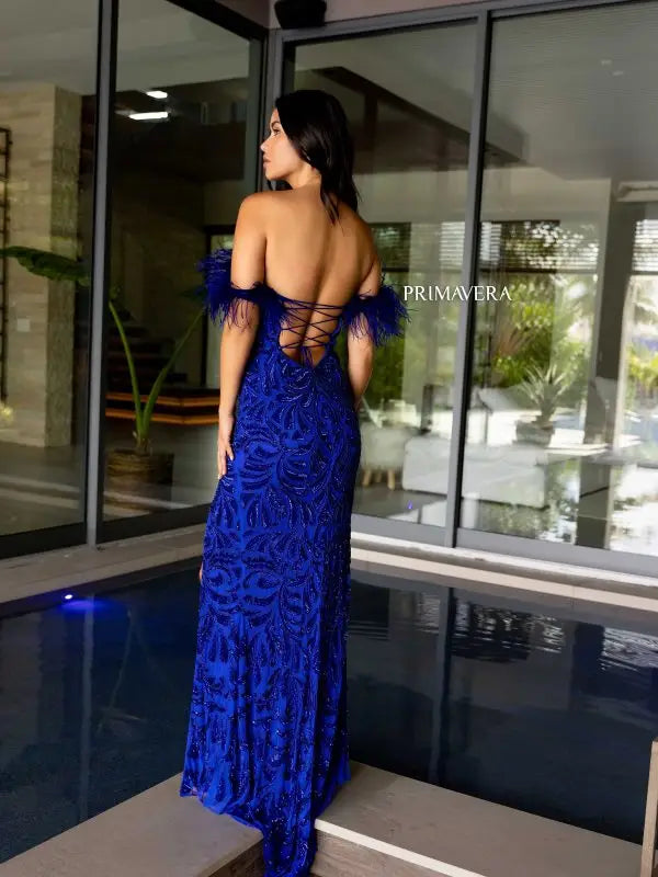 Primavera Couture 4105 Size 6 Teal Long Prom Dress Corset Off Shoulder Feather Sequin Beaded Fitted High Slit Formal Pageant Gown Primavera Couture 4105 Size 6 Teal Long Prom Dress Corset Off Shoulder Feather Sequin Beaded Fitted High Slit Formal Pageant Gown