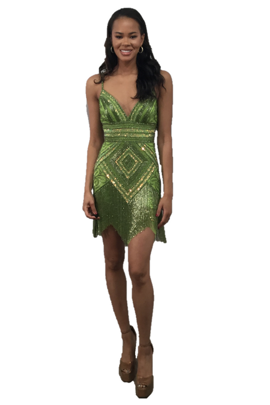 Be the center of attention in the Jovani 41101 Short Beaded Fringe Cocktail Dress. The stunning sequin skirt, v-neckline, and corset top make for a glamorous and figure-flattering look. Perfect for homecoming or any formal event, this dress offers 100% style with no compromise on comfort.