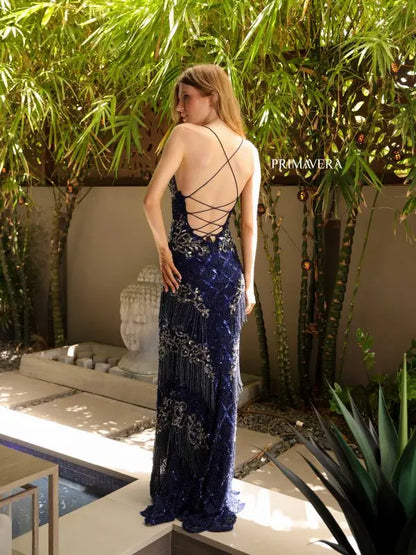 Primavera Couture 4111 Long Prom Dress Plunging V Neck Fringe Sequin Beaded High Slit Formal Pageant Gown