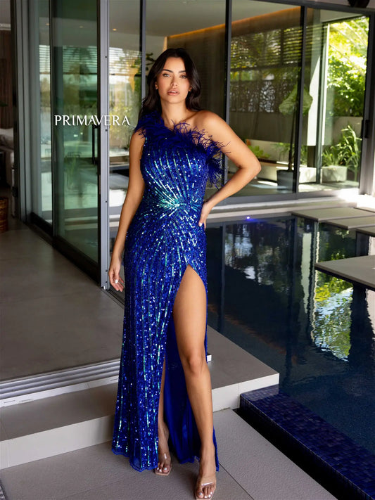 Elevate your style with the Primavera Couture 4112 long prom dress. This stunning gown features a one shoulder design with feathers, a high slit, and sequin details for a glamorous touch. Perfect for formal events, pageants, and more. Make a statement with this fitted and elegant gown.