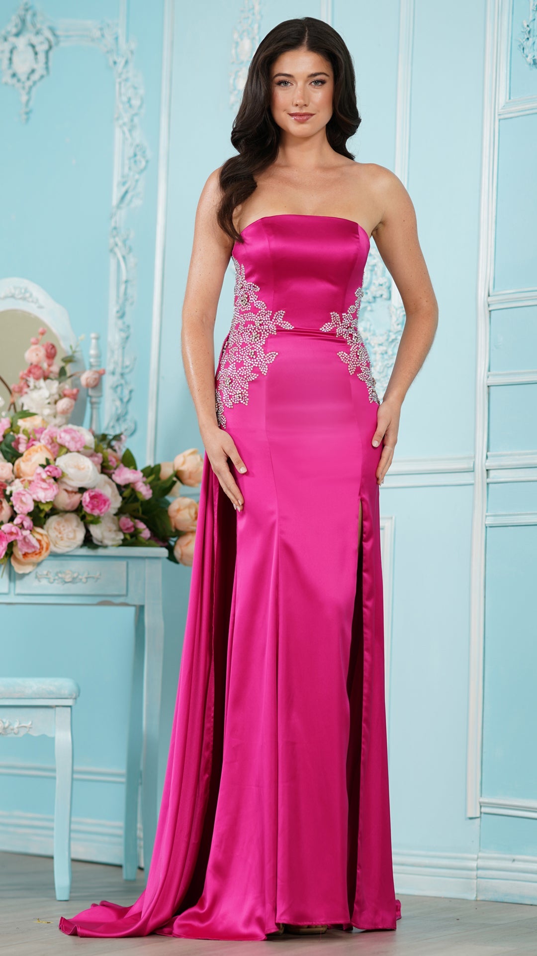 Colors Dress 4128 strapless satin corset prom dress in Fuchsia — 2027