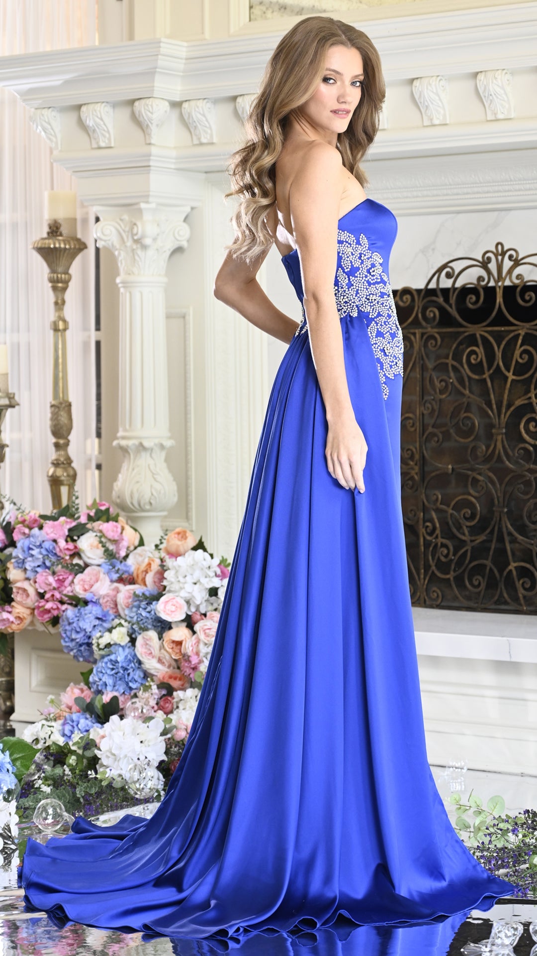 Colors Dress 4128 strapless satin corset prom dress in Royal — 2027