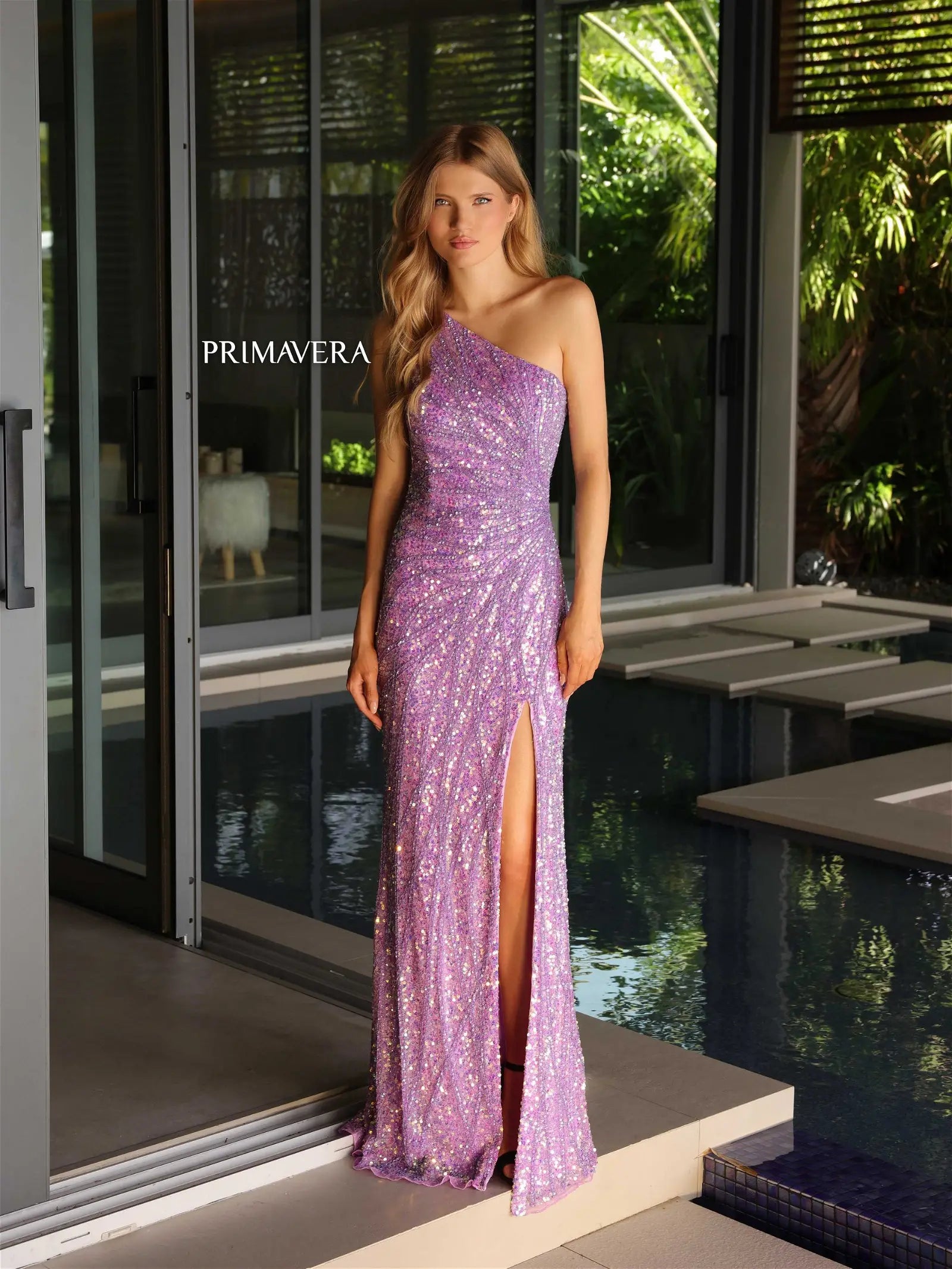 Primavera Couture 4133 Size 6 Orchid Asymmetrical Neck And Back Sequins High Side Slit Formal Pageant Gown Primavera Couture 4133 Size 6 Orchid Asymmetrical Neck And Back Sequins High Side Slit Formal Pageant Gown