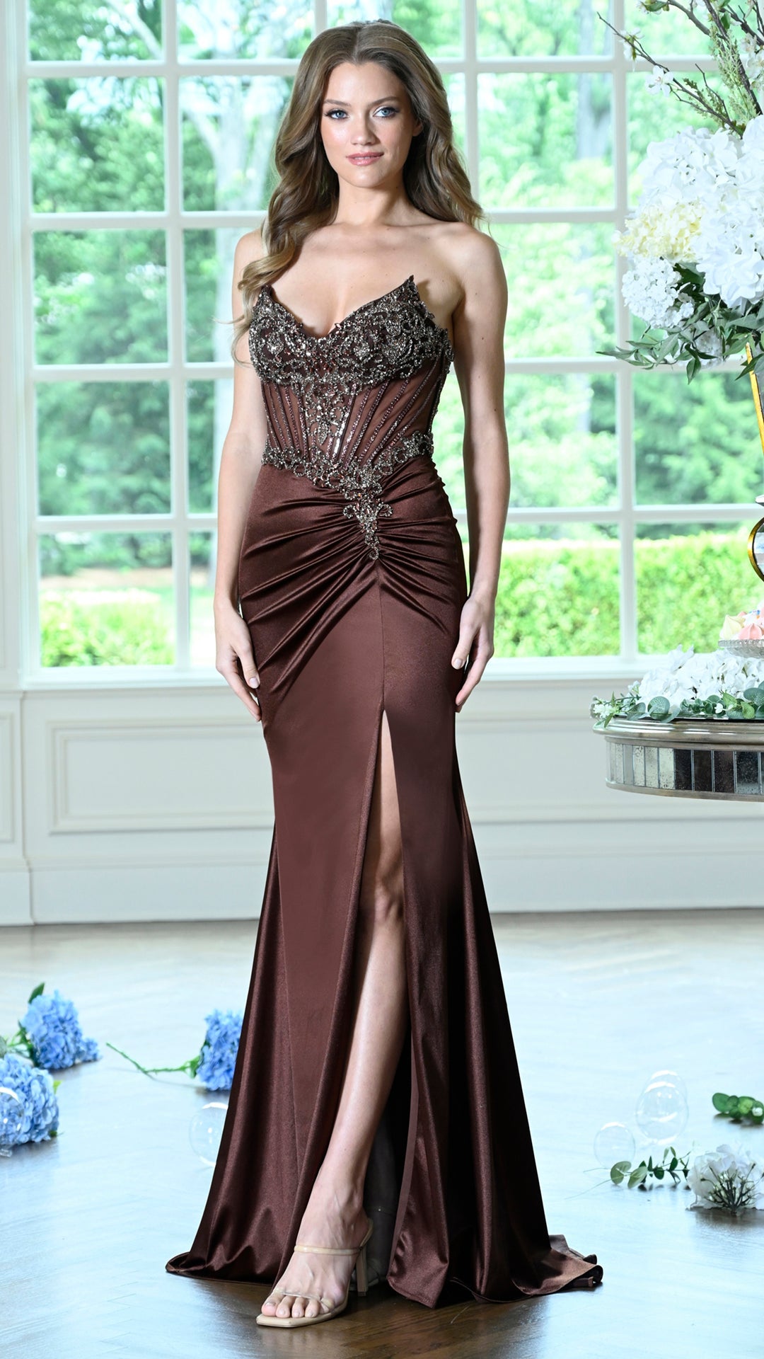 Colors Dress 4135 strapless metallic corset prom dress in Brown — 2027