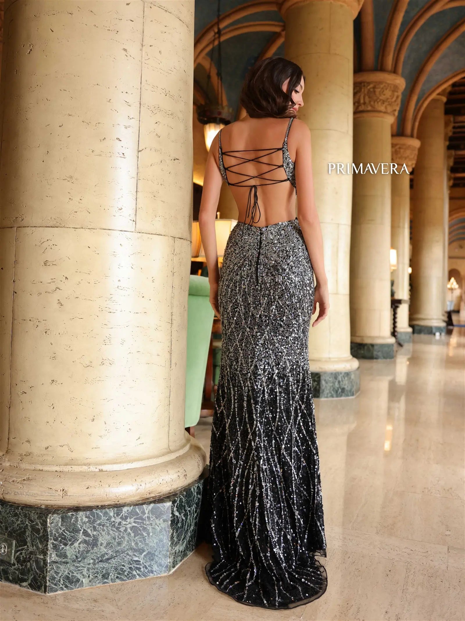 Primavera Couture 4136 Sequin Cutout Backless Corset Prom Dress Slit Ombre Beaded Gown 10 / Black Primavera Couture 4136 Sequin Cutout Backless Corset Prom Dress Slit Ombre Beaded Gown 10 / Black