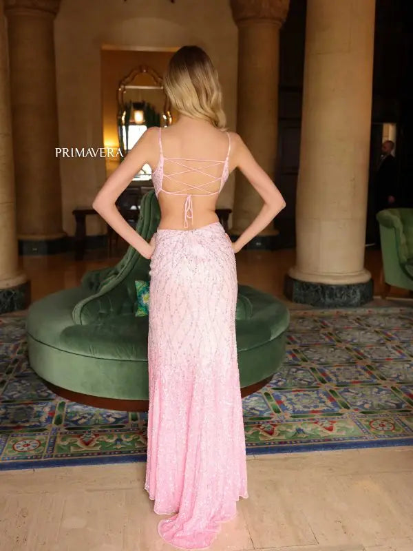 Primavera Couture 4136 Sequin Cutout Backless Corset Prom Dress Slit O – Glass Slipper Formals