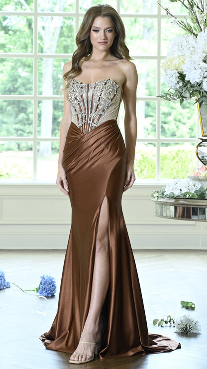 Colors Dress 4142 metallic corset prom dress in Brown — 2027