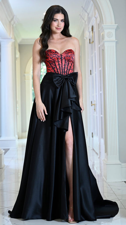 Colors Dress 4149 satin corset prom dress in BLACK RED — 2027